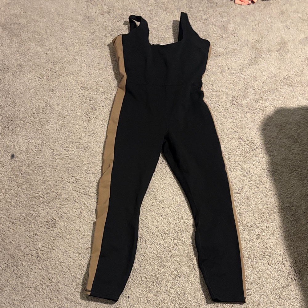 Fabletics Black Jumpsuit with Tan Side Panels
